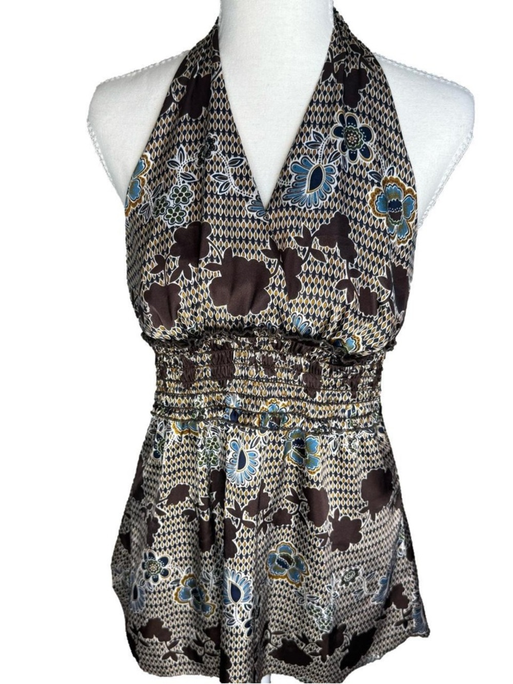 Y2K Boho Brown Floral Halter Top Smocked Waist Fit & Flare BCX